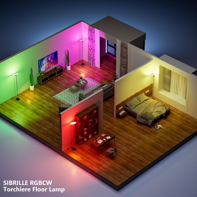 SIBRILLE RGB Torchiere Floor Lamp - 30W Dimmable LED Standing Lamp with Remote, Multi Color Changing, 72in Tall Corner Light, Bright Standing Pole Light for Office Living Room Bedroom Basement, Black - Image 2